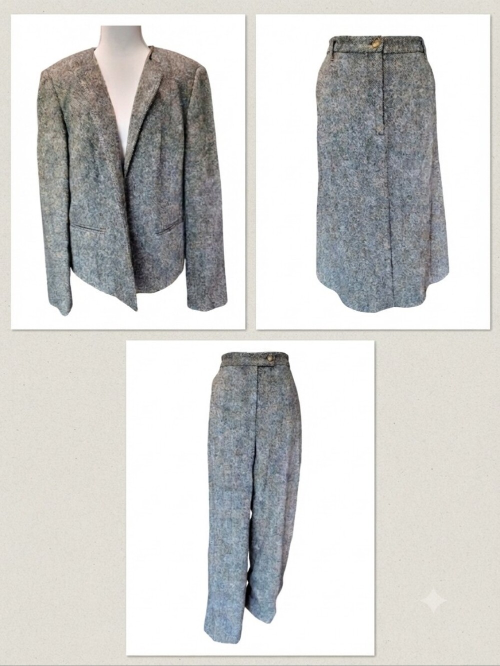 Orvis 3 Piece Suit Set Black Gray Tweed Wool  Blazer Skirt And Pants